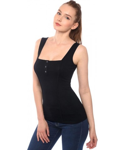 Women Henley Square Neck Sleeveless Tank Top Black $13.05 Tanks