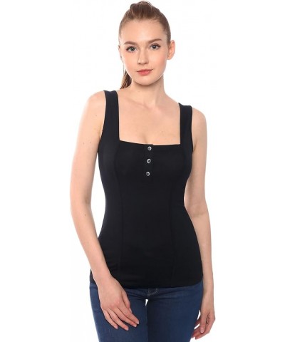 Women Henley Square Neck Sleeveless Tank Top Black $13.05 Tanks