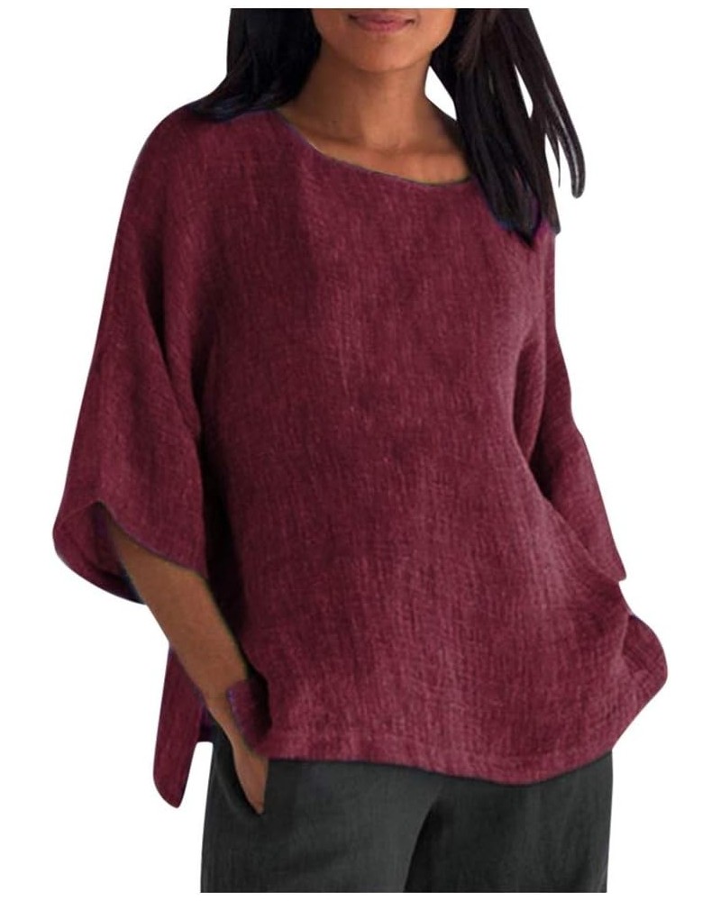 Linen Shirts for Women Plus Size 3/4 Length Sleeve Tops Casual Loose Fit Round Neck Tees 2024 Summer Fashion Blouse Linen Shi...