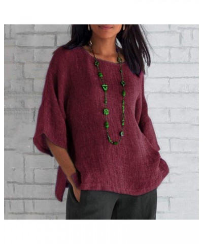 Linen Shirts for Women Plus Size 3/4 Length Sleeve Tops Casual Loose Fit Round Neck Tees 2024 Summer Fashion Blouse Linen Shi...