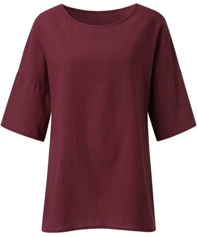 Linen Shirts for Women Plus Size 3/4 Length Sleeve Tops Casual Loose Fit Round Neck Tees 2024 Summer Fashion Blouse Linen Shi...