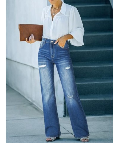 Women's Wide Leg Jeans Boyfriend Baggy Jeans Distressed Ripped Jeans A-01-blue-a $15.33 Jeans
