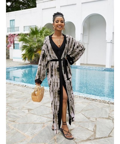 Women Casual Long Open Front Kimono Cover Up with Belt Loose Lightweight Cardigan T01-coffee $16.11 Swimsuits