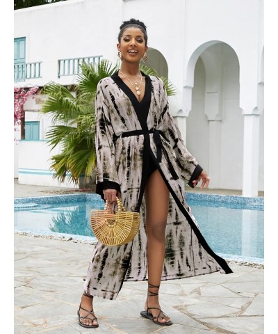 Women Casual Long Open Front Kimono Cover Up with Belt Loose Lightweight Cardigan T01-coffee $16.11 Swimsuits