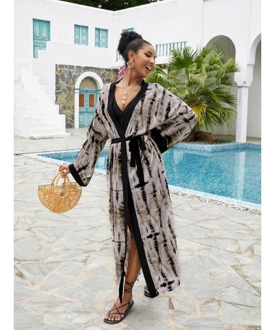 Women Casual Long Open Front Kimono Cover Up with Belt Loose Lightweight Cardigan T01-coffee $16.11 Swimsuits