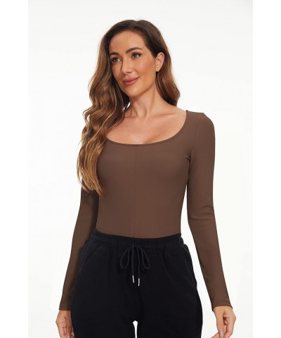 Women Causal Stitch Ribbed Knit Tops Scoop Neck Long Sleeve Slim Fitted Sporty Ribbed Knitted T-Shirt Brown $12.47 T-Shirts