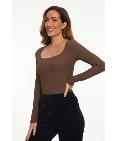 Women Causal Stitch Ribbed Knit Tops Scoop Neck Long Sleeve Slim Fitted Sporty Ribbed Knitted T-Shirt Brown $12.47 T-Shirts