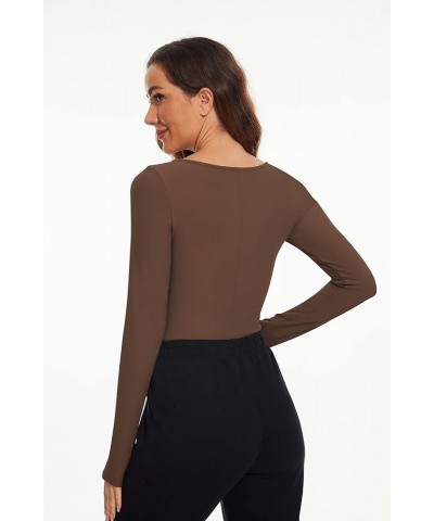 Women Causal Stitch Ribbed Knit Tops Scoop Neck Long Sleeve Slim Fitted Sporty Ribbed Knitted T-Shirt Brown $12.47 T-Shirts