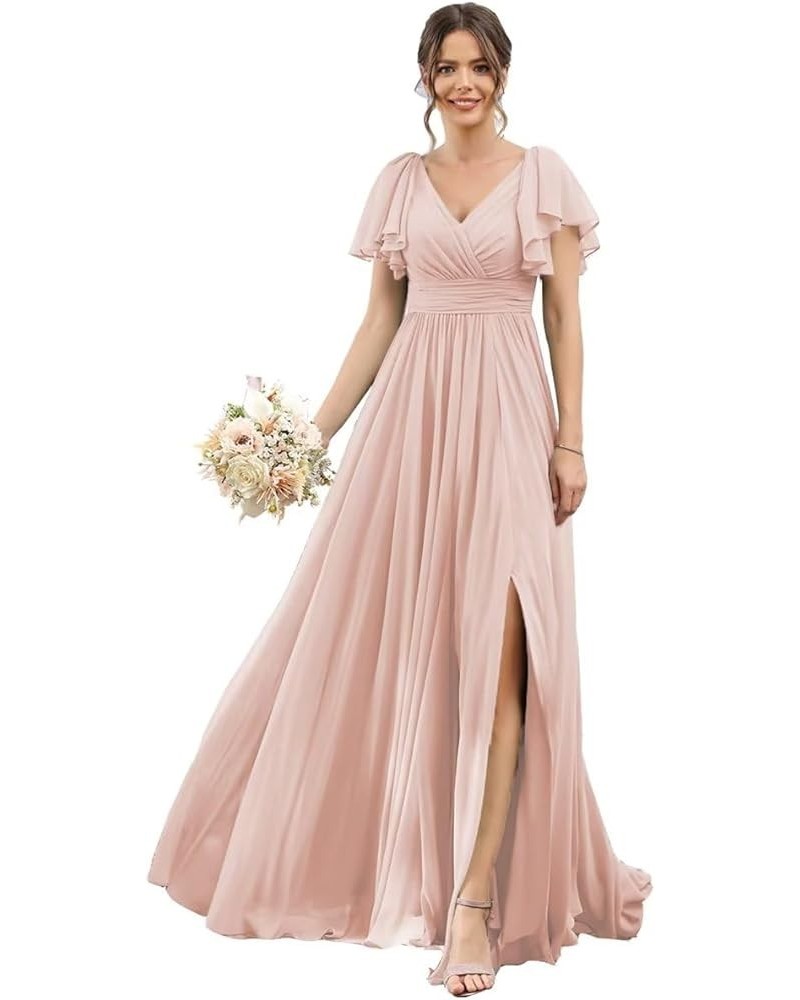 Women's Flutter Sleeves Bridesmaid Dresses with Slit Chiffon V Neck Long Formal Dresses with Pockets QA004 Blush-pink $28.00 ...