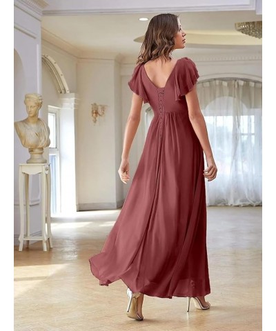 Women's Flutter Sleeves Bridesmaid Dresses with Slit Chiffon V Neck Long Formal Dresses with Pockets QA004 Blush-pink $28.00 ...