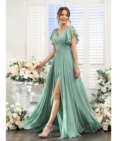 Women's Flutter Sleeves Bridesmaid Dresses with Slit Chiffon V Neck Long Formal Dresses with Pockets QA004 Blush-pink $28.00 ...