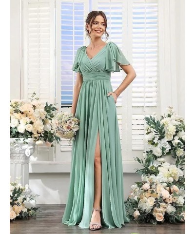 Women's Flutter Sleeves Bridesmaid Dresses with Slit Chiffon V Neck Long Formal Dresses with Pockets QA004 Blush-pink $28.00 ...