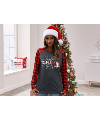 Christmas Long Sleeve Shirts for Women Christmas Plaid Raglan Baseball T Shirt Holiday Graphic Tee Tops Grey White $11.96 T-S...