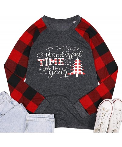 Christmas Long Sleeve Shirts for Women Christmas Plaid Raglan Baseball T Shirt Holiday Graphic Tee Tops Grey White $11.96 T-S...