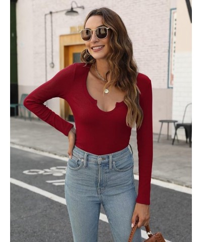 Womens V Neck T Shirts Long Sleeve Fall Tops for Women Sexy Tops Fitted Ribbed Long Sleeve Tee Shirts for Women B - Wine Red ...