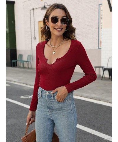 Womens V Neck T Shirts Long Sleeve Fall Tops for Women Sexy Tops Fitted Ribbed Long Sleeve Tee Shirts for Women B - Wine Red ...