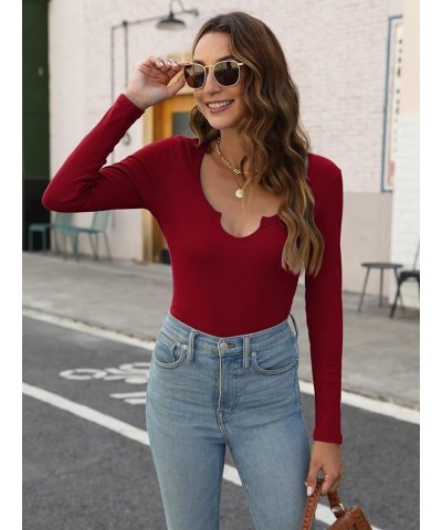 Womens V Neck T Shirts Long Sleeve Fall Tops for Women Sexy Tops Fitted Ribbed Long Sleeve Tee Shirts for Women B - Wine Red ...