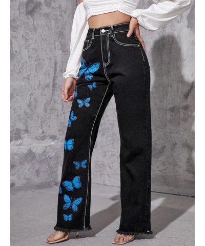 Women's Jeans Regular Relaxed Fit Straight Leg High Waisted Trendy Vintage Boyfriend Juniors Mom Fit Jeans Butterfly Black $1...