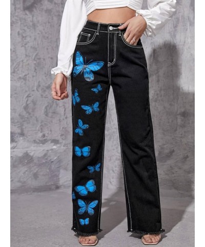 Women's Jeans Regular Relaxed Fit Straight Leg High Waisted Trendy Vintage Boyfriend Juniors Mom Fit Jeans Butterfly Black $1...