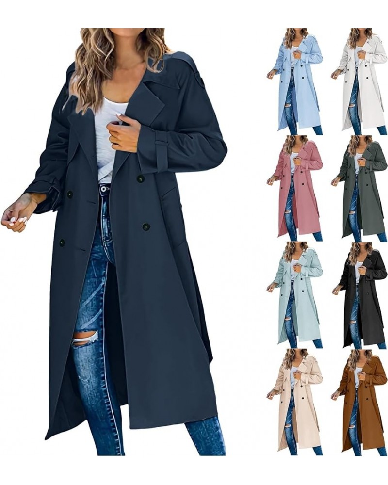 Trench Coat Women Fall Jackets Women's Double Breasted Long Trench Coat Windproof Classic Lapel Slim Overcoat with Belt A-nav...