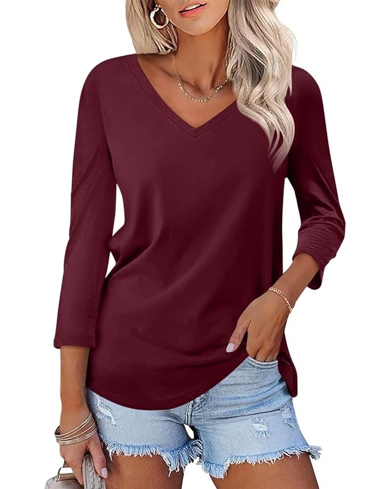Women's V Neck 3/4 Sleeve T Shirt Solid/Color Block Casual Basic Tops Summer Tees A Wine Red $12.59 T-Shirts