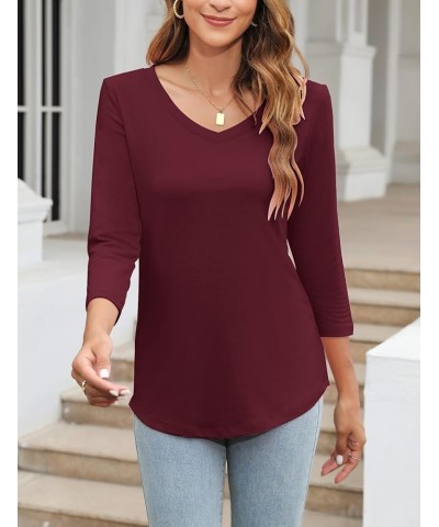 Women's V Neck 3/4 Sleeve T Shirt Solid/Color Block Casual Basic Tops Summer Tees A Wine Red $12.59 T-Shirts