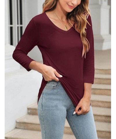 Women's V Neck 3/4 Sleeve T Shirt Solid/Color Block Casual Basic Tops Summer Tees A Wine Red $12.59 T-Shirts