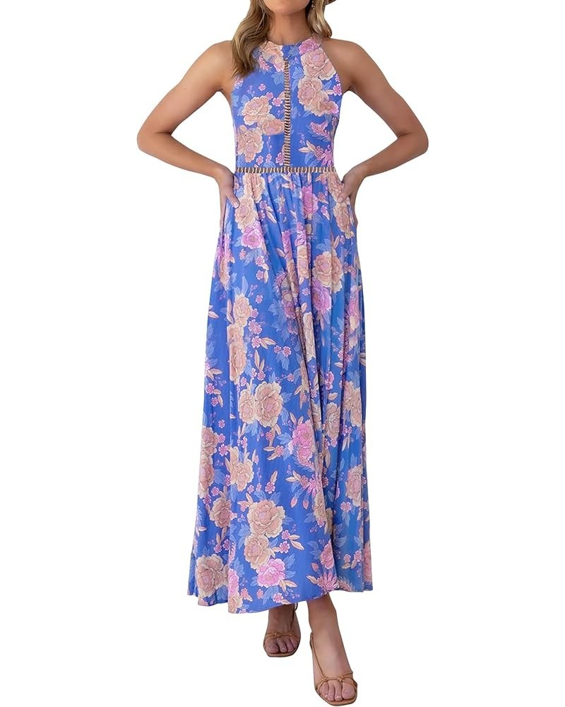 Women's 2024 Summer Halter Neck Floral Print Backless Split Beach Party Maxi Dress Bluishviolet $25.19 Dresses