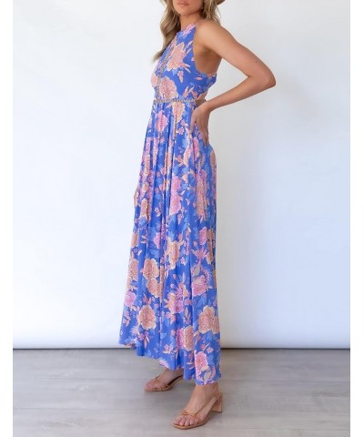 Women's 2024 Summer Halter Neck Floral Print Backless Split Beach Party Maxi Dress Bluishviolet $25.19 Dresses