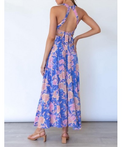 Women's 2024 Summer Halter Neck Floral Print Backless Split Beach Party Maxi Dress Bluishviolet $25.19 Dresses