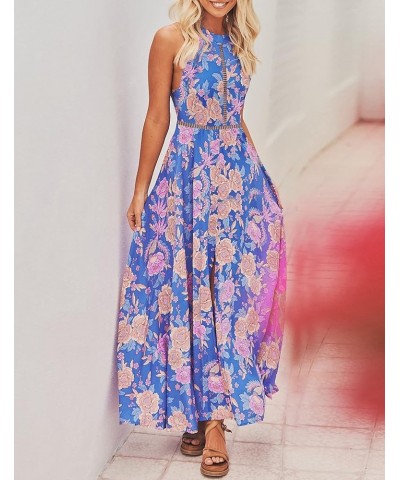Women's 2024 Summer Halter Neck Floral Print Backless Split Beach Party Maxi Dress Bluishviolet $25.19 Dresses