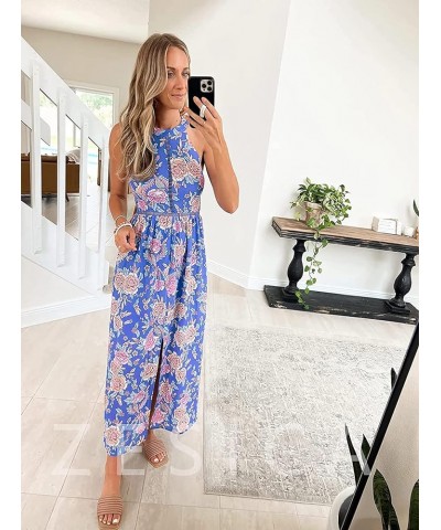 Women's 2024 Summer Halter Neck Floral Print Backless Split Beach Party Maxi Dress Bluishviolet $25.19 Dresses