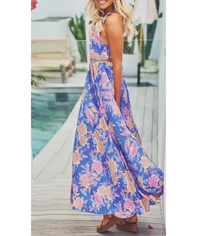Women's 2024 Summer Halter Neck Floral Print Backless Split Beach Party Maxi Dress Bluishviolet $25.19 Dresses