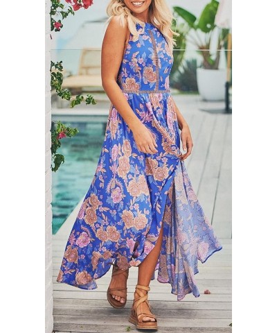 Women's 2024 Summer Halter Neck Floral Print Backless Split Beach Party Maxi Dress Bluishviolet $25.19 Dresses