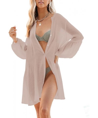 Womens Kimono Swimsuit Cover Ups Button Down Puff Sleeve Cardigan Beach Bathing Swimwear Coverups Khaki $8.69 Swimsuits