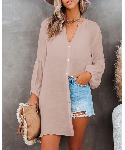Womens Kimono Swimsuit Cover Ups Button Down Puff Sleeve Cardigan Beach Bathing Swimwear Coverups Khaki $8.69 Swimsuits