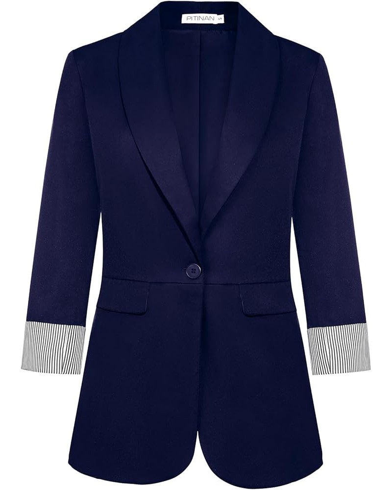 Blazer for Women Business Casual Striped Fold Sleeve Work Office Blazer Jacket 3/4 Long Sleeve Lapel Open Front Blazers Navy ...