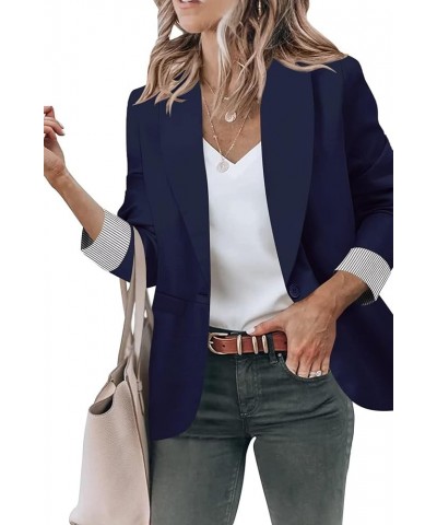 Blazer for Women Business Casual Striped Fold Sleeve Work Office Blazer Jacket 3/4 Long Sleeve Lapel Open Front Blazers Navy ...
