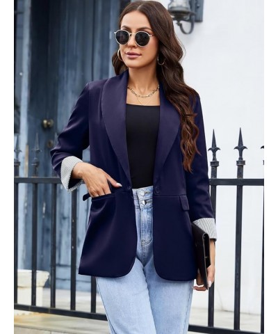 Blazer for Women Business Casual Striped Fold Sleeve Work Office Blazer Jacket 3/4 Long Sleeve Lapel Open Front Blazers Navy ...