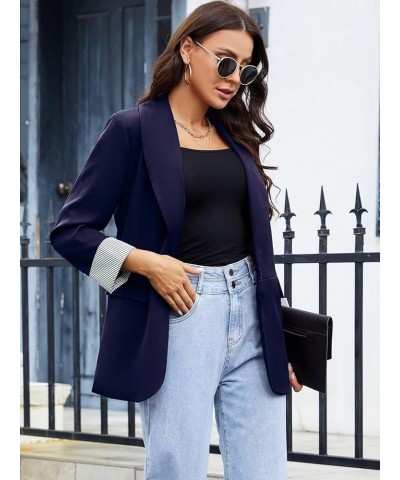 Blazer for Women Business Casual Striped Fold Sleeve Work Office Blazer Jacket 3/4 Long Sleeve Lapel Open Front Blazers Navy ...