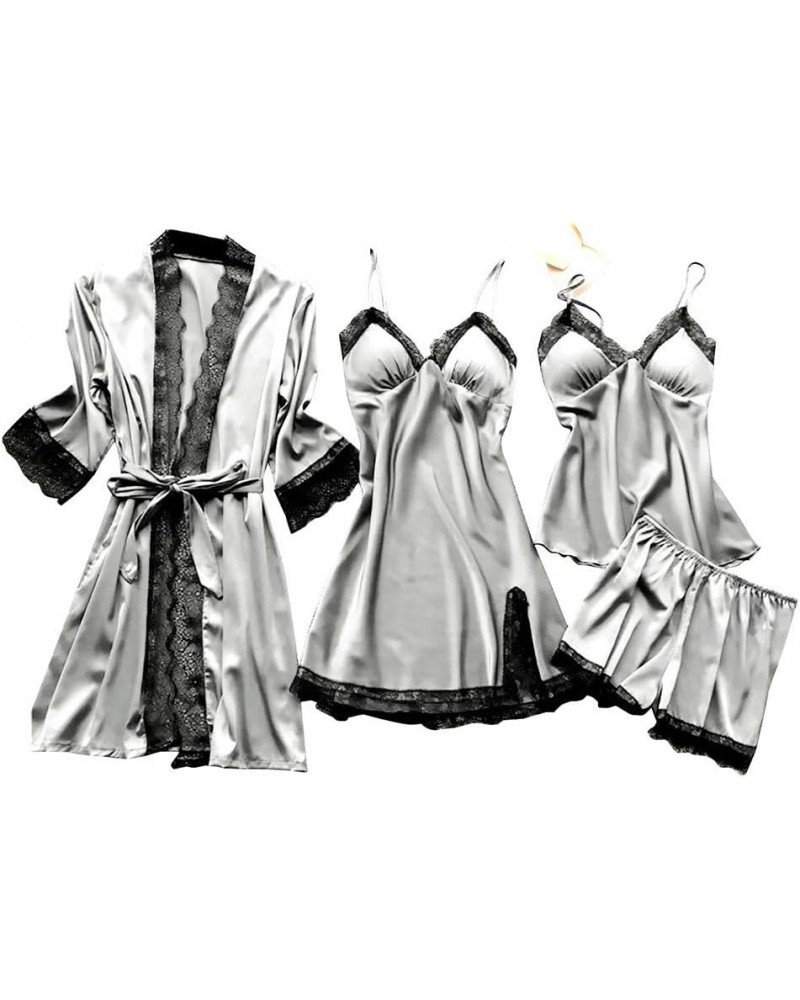 Women's 4 Piece Sleepwear Silk Satin Pajama Set Lace Trim Cami Top Nightdress Shorts and Robe Set Sexy Cute Stain Pjs Gray $1...