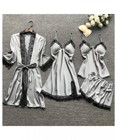 Women's 4 Piece Sleepwear Silk Satin Pajama Set Lace Trim Cami Top Nightdress Shorts and Robe Set Sexy Cute Stain Pjs Gray $1...