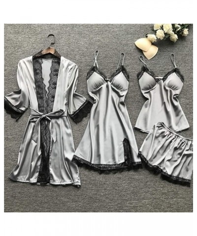 Women's 4 Piece Sleepwear Silk Satin Pajama Set Lace Trim Cami Top Nightdress Shorts and Robe Set Sexy Cute Stain Pjs Gray $1...