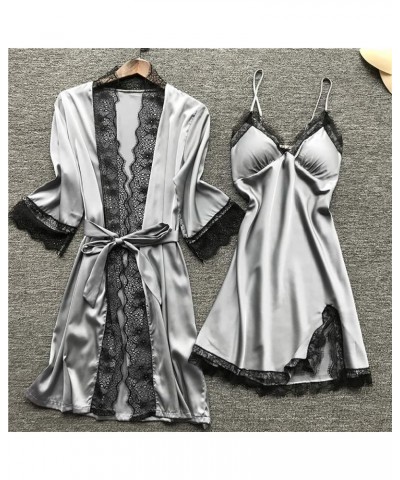 Women's 4 Piece Sleepwear Silk Satin Pajama Set Lace Trim Cami Top Nightdress Shorts and Robe Set Sexy Cute Stain Pjs Gray $1...