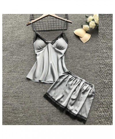 Women's 4 Piece Sleepwear Silk Satin Pajama Set Lace Trim Cami Top Nightdress Shorts and Robe Set Sexy Cute Stain Pjs Gray $1...