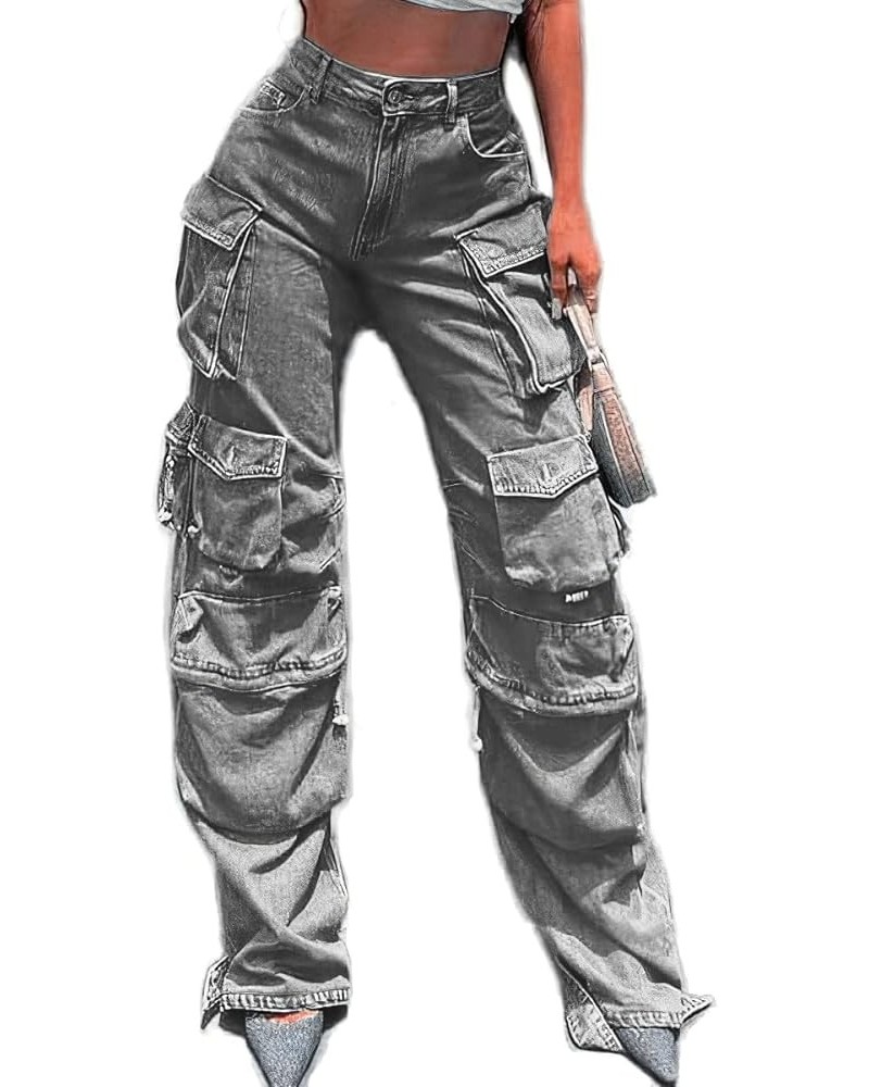 Womens High Waisted Baggy Cargo Jeans Straight Wide Leg Y2K Cargo Denim Pants with Flap Pockets Grey $27.53 Jeans