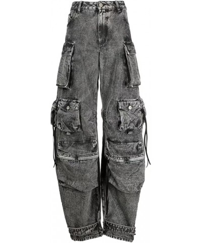 Womens High Waisted Baggy Cargo Jeans Straight Wide Leg Y2K Cargo Denim Pants with Flap Pockets Grey $27.53 Jeans