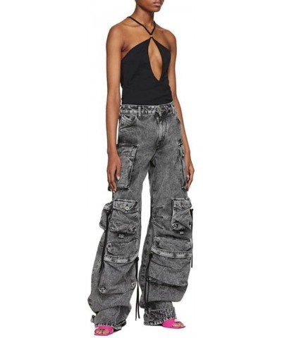 Womens High Waisted Baggy Cargo Jeans Straight Wide Leg Y2K Cargo Denim Pants with Flap Pockets Grey $27.53 Jeans