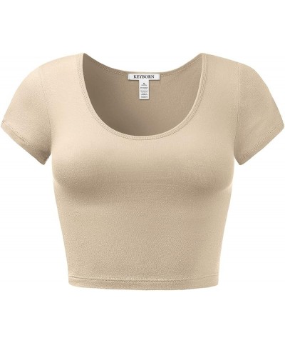 Women's Cotton Basic Scoop Neck Crop Short Sleeve Tops Taupe $9.27 T-Shirts