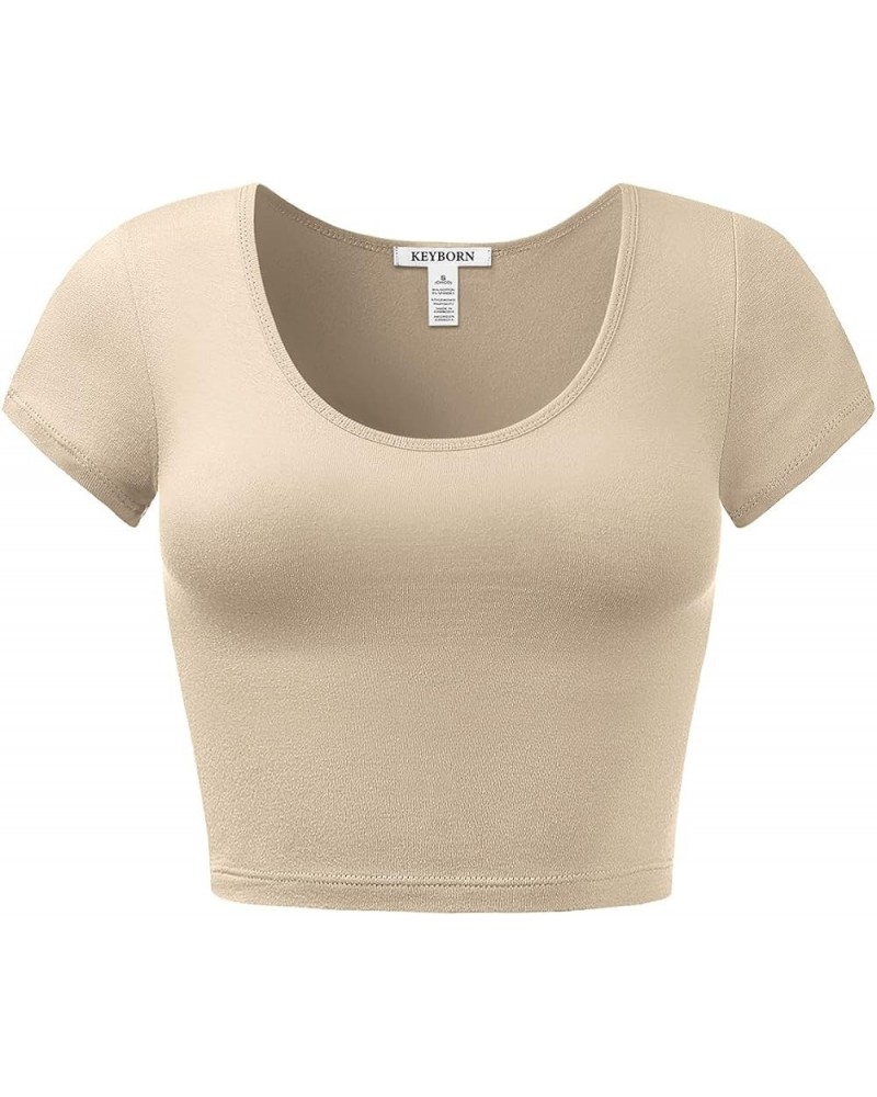 Women's Cotton Basic Scoop Neck Crop Short Sleeve Tops Taupe $9.27 T-Shirts